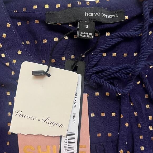 Harve Benard Ruffle Sleeves Sleeveless Blue & Gold Polka Dot Blouse / Size Small - Picture 5 of 6